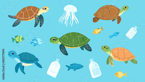Cute Sea Animals with Ocean Pollution Turtle, Fish, Jellyfish and Plastic Waste