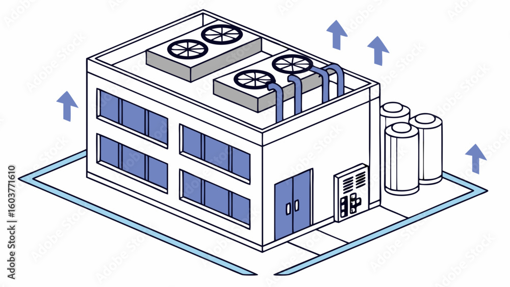Fototapeta premium Isometric Vector Illustration of Industrial Building with HVAC System and Energy Infrastructure Design Graphic