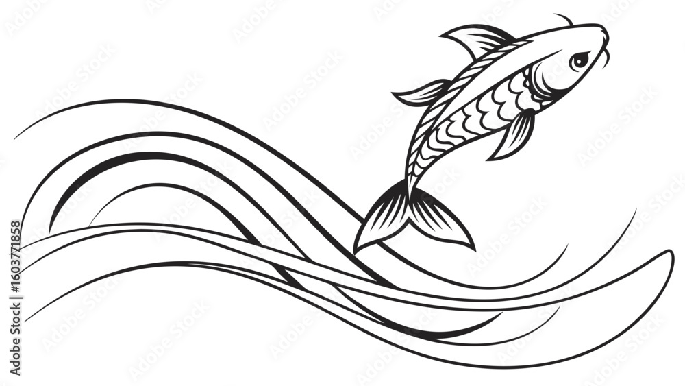 Obraz premium Jumping Koi Fish Vector Illustration: Minimalist Water Wave Design Japanese Style Monochromatic Artwork