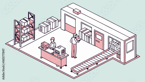 Isometric Warehouse Scene Vector Illustration: Shipping and Handling Processes in a Modern Facility