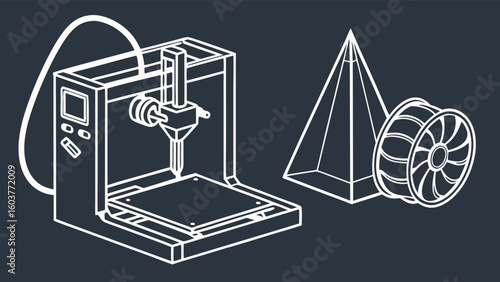 Minimalist 3D Printer Illustration with Geometric Forms for Technology Concepts and Design