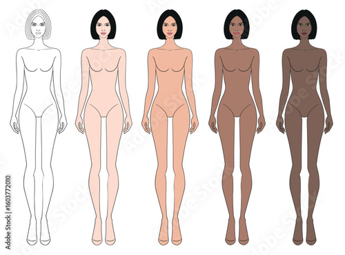 Colored skin tones fashion croquis figurines with modern bob short hair woman in vector.