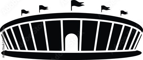 Black and white silhouette of a large stadium with flags on top