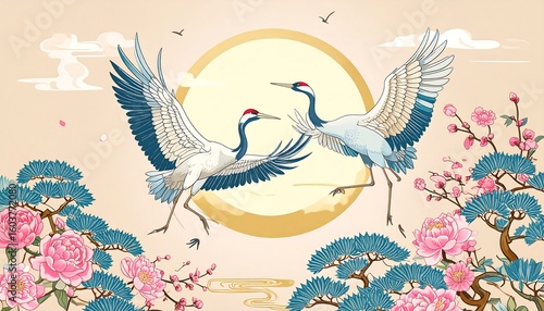 Elegant depiction of two cranes amidst floral branches in a traditional style design