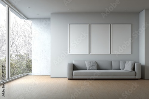 Minimalist living room with large windows