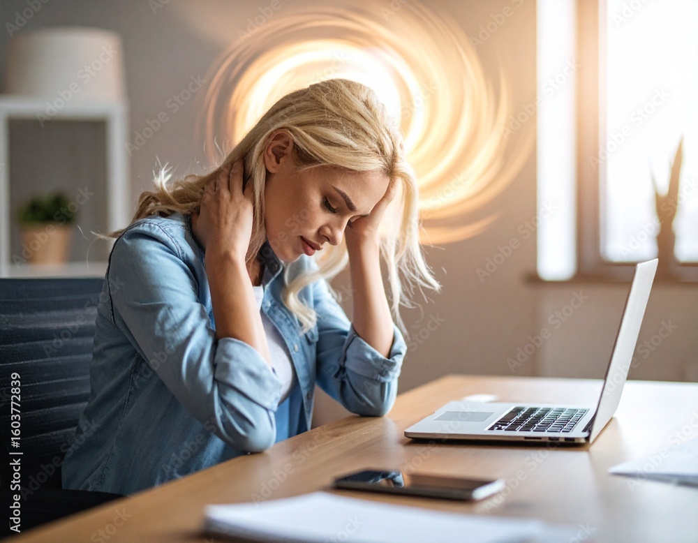 Stressed woman at desk with swirling thought cloud, conveying mental fatigue and work-related pressure. Stressed woman at desk with swirling thought cloud, conveying mental fatigue and work-related pressure.