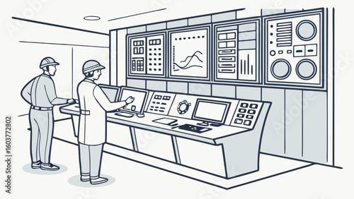 Minimalist Vector Illustration of a Control Room with Engineers Monitoring Systems