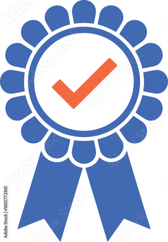 Blue rosette ribbon with orange check mark symbol of approval and quality