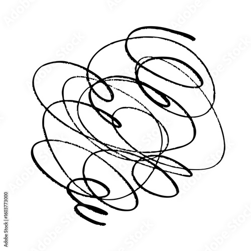 手描きのスパイラル線と混乱の落書き風背景素材（黒・チョーク風・抽象グランジスタイル）ぐちゃぐちゃに絡まった線のイラスト。モヤモヤ、イライラ、ストレス、憂鬱、頭痛、悩みを表すアイコン。