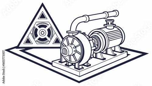 Minimalist Vector Illustration of Industrial Water Pump and Abstract Geometric Triangle Design Element