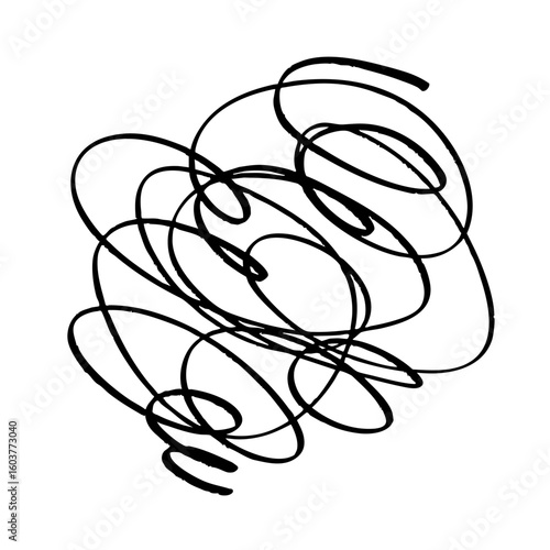手描きのスパイラル線と混乱の落書き風背景素材（黒・チョーク風・抽象グランジスタイル）ぐちゃぐちゃに絡まった線のイラスト。モヤモヤ、イライラ、ストレス、憂鬱、頭痛、悩みを表すアイコン。