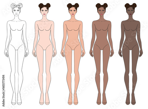 Colored skin tones fashion croquis figurines with two bun hair woman in vector.