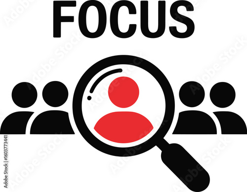 Magnifying glass highlighting a single person in a group representing focus