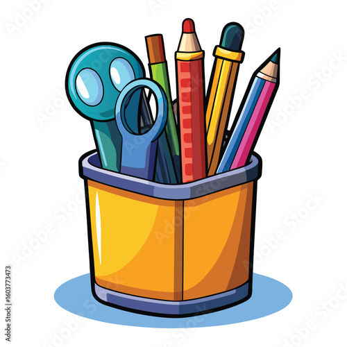 Colorful cartoon illustration of a stationery holder cup filled with school and office supplies like pencils, pens, and scissors