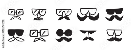 glasses and mustache male funny comic icon doodle hand drawn icon set. Outline drawing line clipart symbol collection
