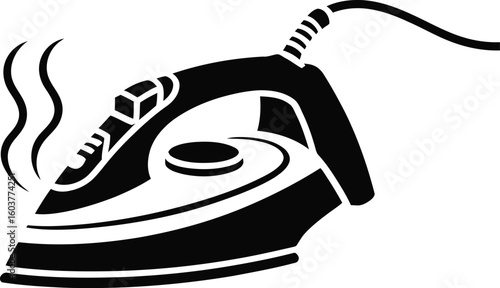 Black and white illustration of a steam iron with steam coming out