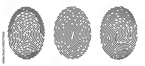 Vector fingerprint collection showing separate impressions from each finger. Clean white background. Suitable for biometric scans, forensic illustrations, or identification-based graphic design and ed