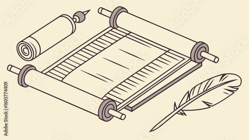 Vintage Script Illustration: Ancient Manuscript Scroll, Ink, and Quill Vector Art
