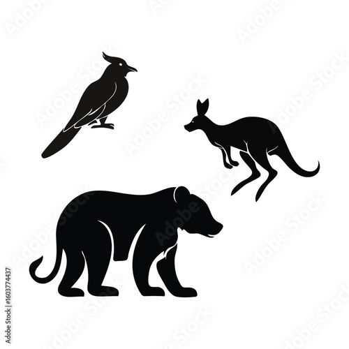 A collection of silhouette animals including a bear a kangaroo and a bird
