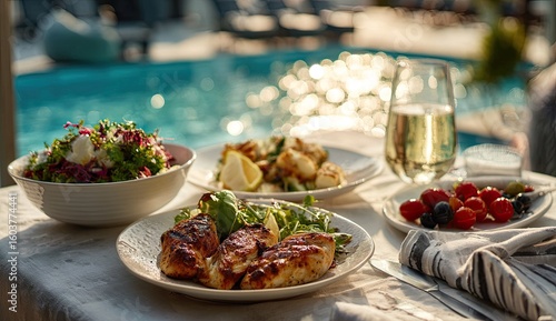 Outdoor dining by a pool with salads, grilled chicken, and drinks