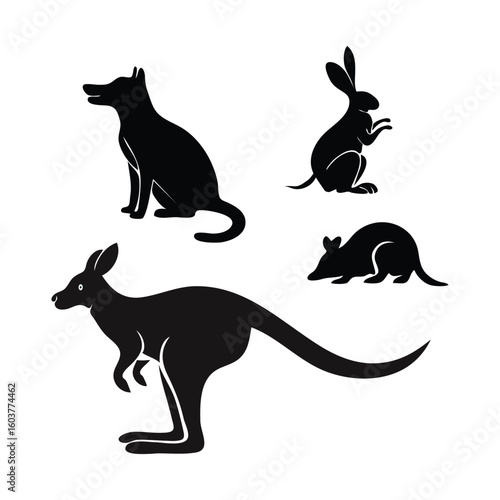 Collection of Animal Silhouettes Featuring Kangaroo Dog Rabbit and Mouse in Black