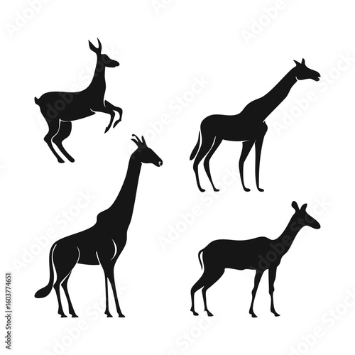 Four Stylized Silhouettes of Giraffes and Antelope Animals in a Field