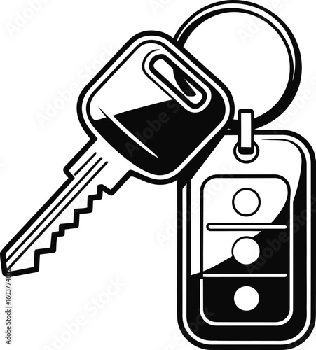 Modern car key fob and ignition key on a keyring