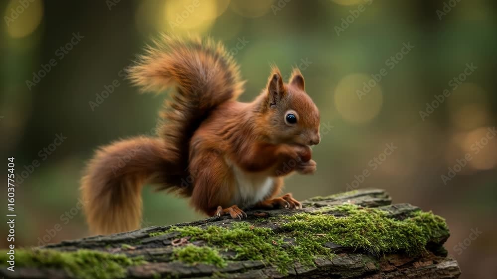 A curious, reddish-brown squirrel perches on a mossy log, tail curved elegantly upwards, eyes focused, amidst a blurred forest backdrop A curious, reddish-brown squirrel perches on a mossy log, tail curved elegantly upwards, eyes focused, amidst a blurred forest backdrop