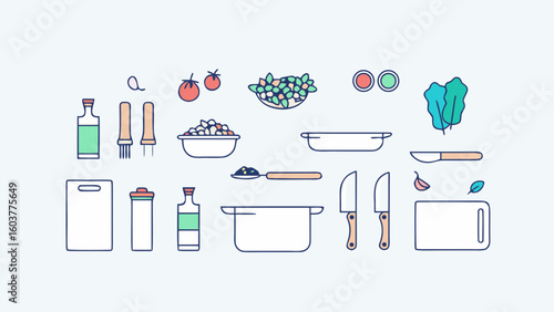 Cooking ingredients and kitchen utensils flat vector – herbs, vegetables, spices, and tools like pans and knives with transparent PNG background.

