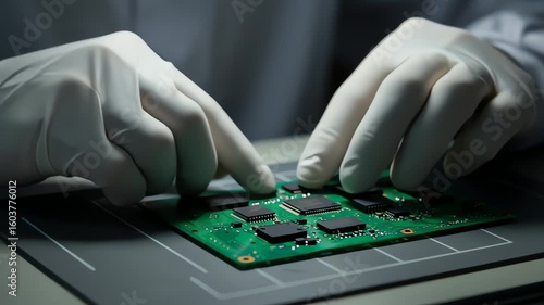 Close-up of hands in latex gloves carefully placing components onto a green circuit board during assembly.