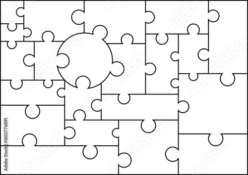 21-piece puzzle. Collage template. Puzzle-shaped mood board mockup. Background. Mosaic photo frame. Scrapbooking grid. Gallery banner. Retro photo frame. Album branding board.