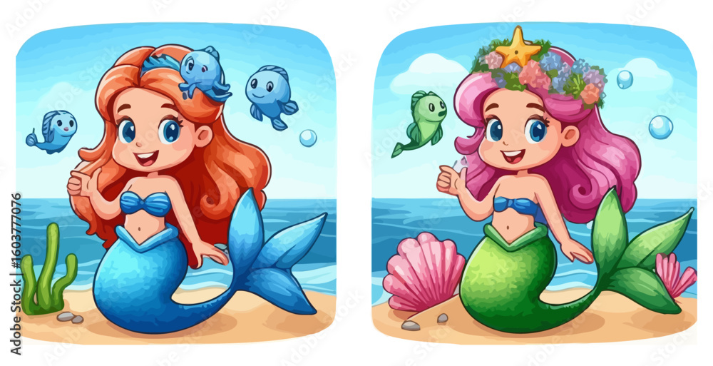 Naklejka premium Illustration of mermaids with fish and shells