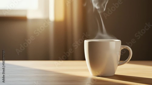 Warm morning sunlight illuminates a steaming cup of coffee on a wooden table.