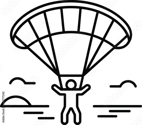 Line art illustration of a skydiver descending with a parachute