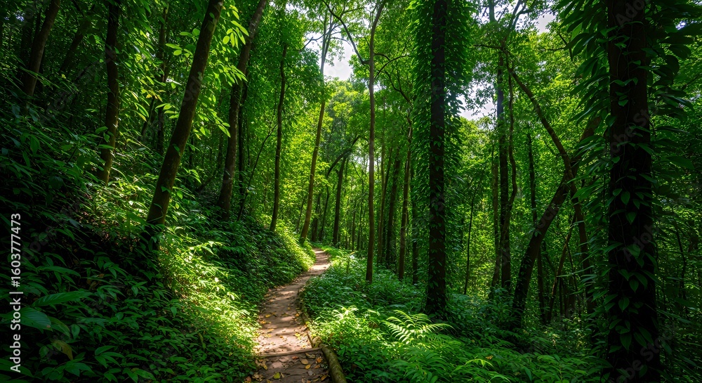 Obraz premium Lush green jungle landscape with a winding hiking trail illuminated by dappled sunlight.