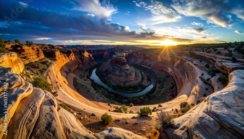 Vibrant Sunset Over Iconic Horseshoe Bend Arizona: Colorado River Meandering Through Grand Canyon.