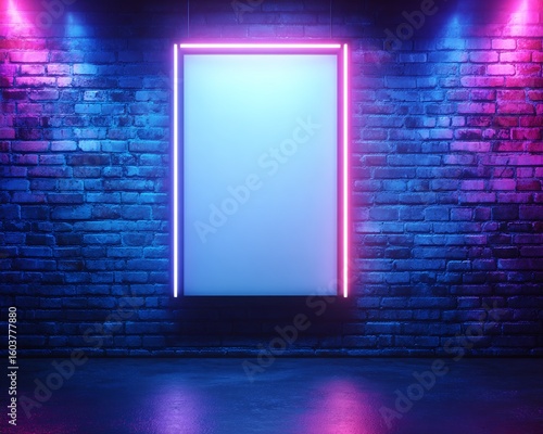 Blank Sign with Neon Frame on Brick Wall