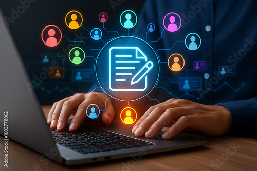 Hands typing on laptop with glowing document icon and colorful user profile network, concept of collaborative digital content creation