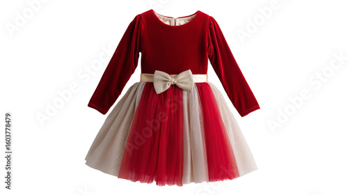 Red girl dress for kids. round neckline, red velvet bodice with long sleeves, a nice gold lurex satin belt with a bow