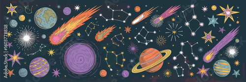 Celestial Galaxy in the Cosmos: An artistic collection of celestial bodies, planets, shooting stars, and constellations illuminate a dark space background, creating a visually stunning cosmic design.