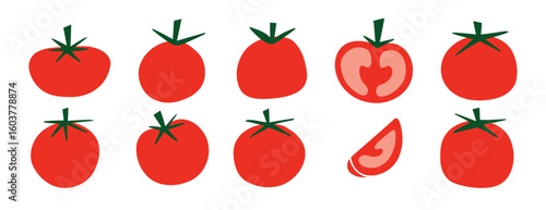 Flat tomato icons set, red tomato illustrations with green stems, fresh food elements