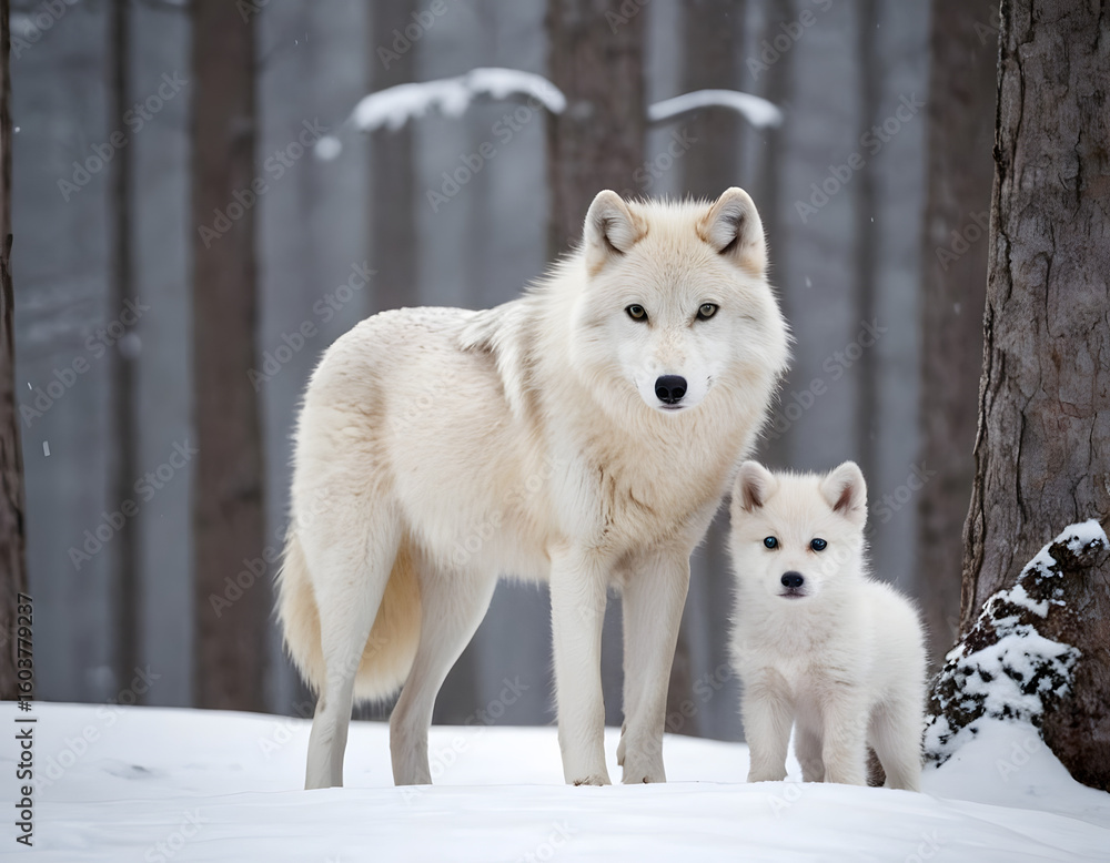 Obraz premium A beautiful portrait of a white arctic wolf on a snowy day in the forest. A white wolf in the trees. A white wolf in winter.