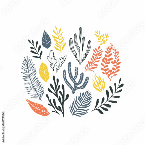 Coral reef or seaweeds vector underwater plant icons. Naive style leaves, algae or fronds. Hand drawn vector ink illustration.