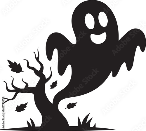 Happy Ghost with Haunted Tree - Halloween Vector