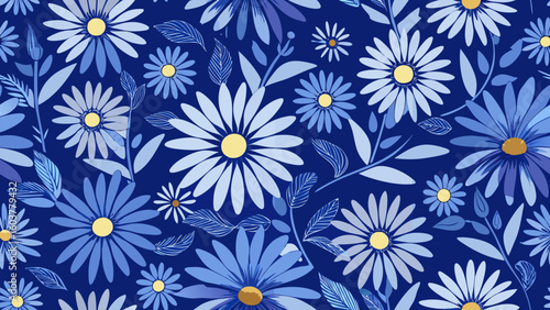 Seamless floral pattern with blue flowers daisy on a dark blue backgrounds for textile wallpaper, books covers, Digital interfaces, prints design templates material cards invitations, femininity,