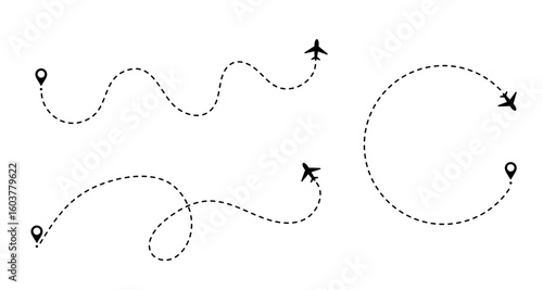 Plane flight with path on air map. Route and trip traced by dot toward the airport or destination.