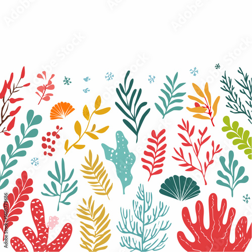 Coral reef or seaweeds vector underwater plant icons. Naive style leaves, algae or fronds. Hand drawn vector ink illustration.