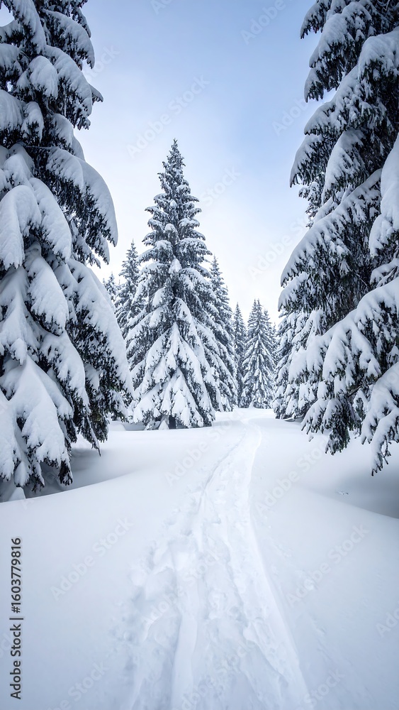 Obraz premium Snowy path through a pine forest