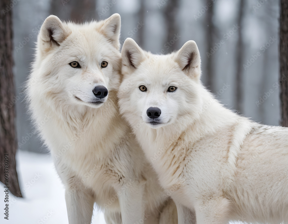 Obraz premium A beautiful portrait of a white arctic wolf on a snowy day in the forest. A white wolf in the trees. A wite wolf in Siberia's forest.
