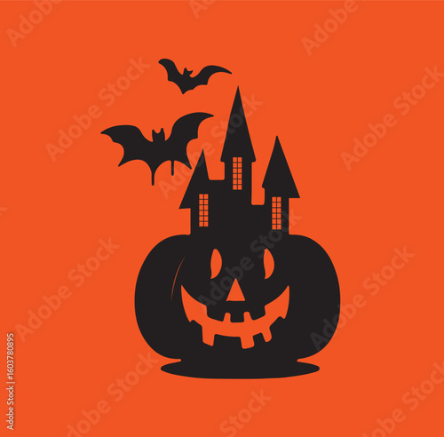 Castle on a  pumpkin   with bats for Halloween design vector 
